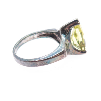 925 Sterling Silver Vintage Real Lime Citrine Teardrop Oxidized Ring Size 9