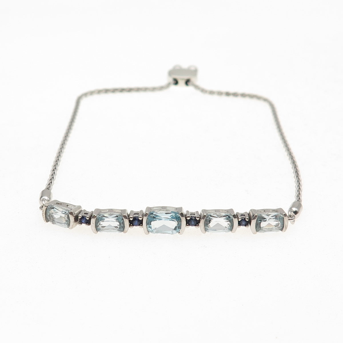 925 Sterling Vintage Real Blue Topaz & Sapphire Adjustable Bolo Bracelet 6-9.5"