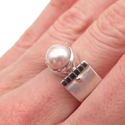 925 Sterling Silver Gold Accent Vintage Real Pearl Modernist Ring Size 8