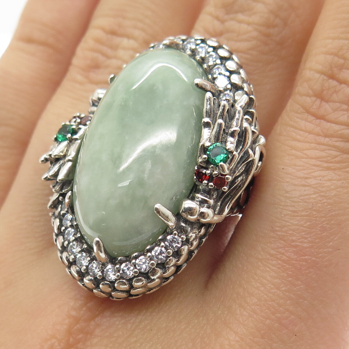 MICHELLE ALBALA 925 Sterling Silver Vintage Jade Garnet Gem & C Z Ring Size 9.25