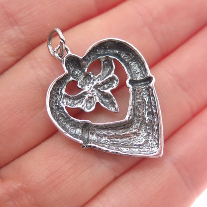 925 Sterling Silver Vintage Fleur de Lis Heart Oxidized Charm Pendant