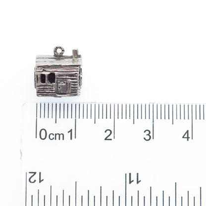 925 Sterling Silver Vintage Old House Oxidized Minimalist 3D Charm Pendant