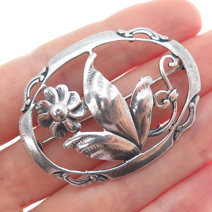 925 Sterling Silver Antique Art Deco Flower Oxidized Pin Brooch