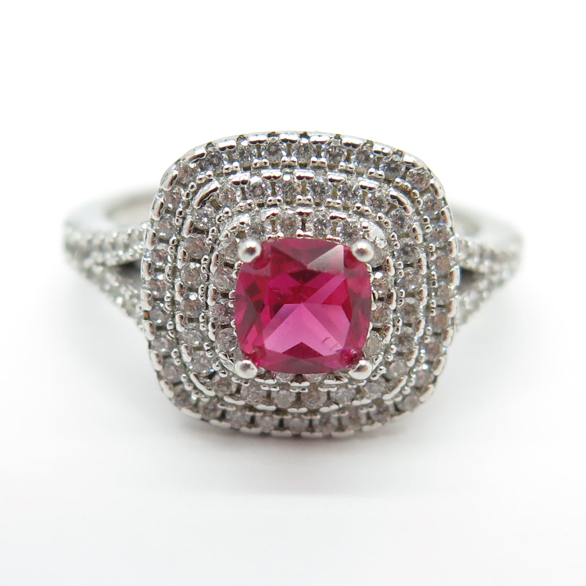 925 Sterling Silver Cushion-Cut Lab-Created Pink Sapphire & C Z Ring Size 7