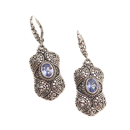 Sarda 925 Sterling Silver Vintage Real Iolite Ornate Oxidized Dangle Earrings