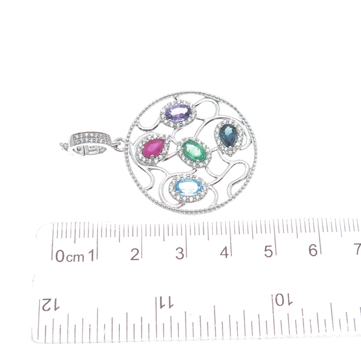 DSMK 925 Sterling Real Sapphire Ruby Blue & White Topaz Amethyst Emerald Pendant