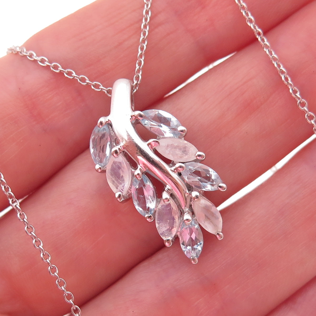 925 Sterling Silver Real Blue Topaz & Moonstone Floral Cable Chain Necklace 18"