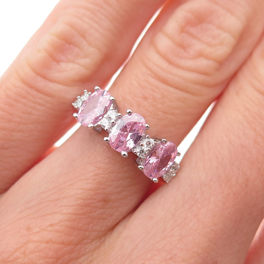 925 Sterling Silver Oval-Cut Pink & Round-Cut White C Z Ring Size 5