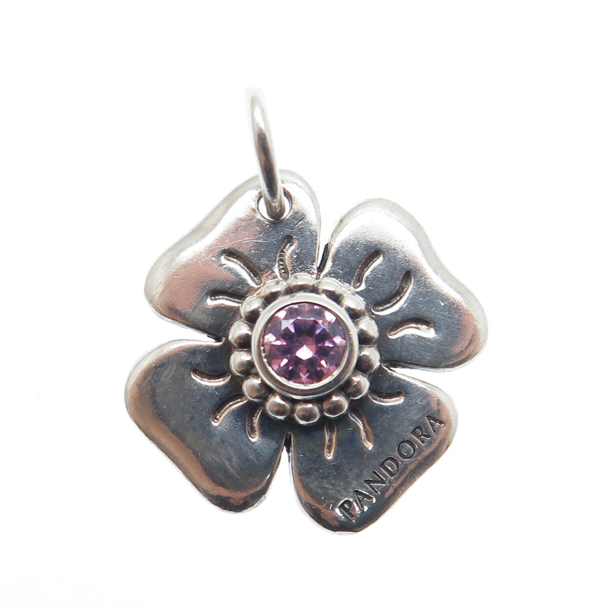PANDORA 925 Sterling Silver Round-Cut Pink C Z Flower Charm Pendant