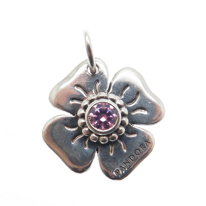 PANDORA 925 Sterling Silver Round-Cut Pink C Z Flower Charm Pendant