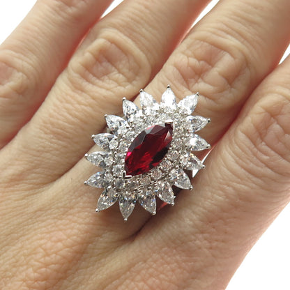925 Sterling Silver White & Red Multi-C Z Cluster Ring Size 6.75