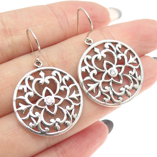 925 Sterling Silver Round-Cut C Z Ornate Floral Round Dangling Earrings