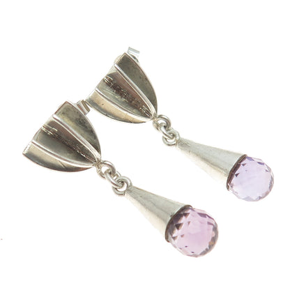 925 Sterling Silver Vintage Real Amethyst Modernist Drop Dangling Earrings