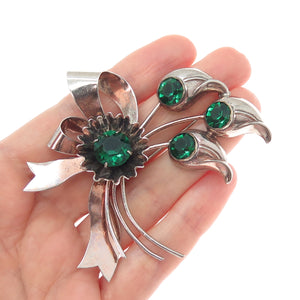 925 Sterling Silver Antique Art Deco Green Rhinestone Floral Leaf Bow Pin Brooch