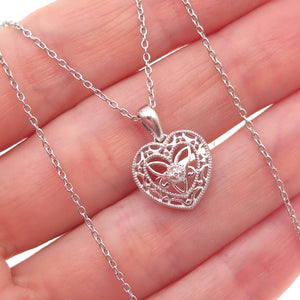 925 Sterling Silver Real Diamond Accent Trinity Heart Cable Chain Necklace 18"