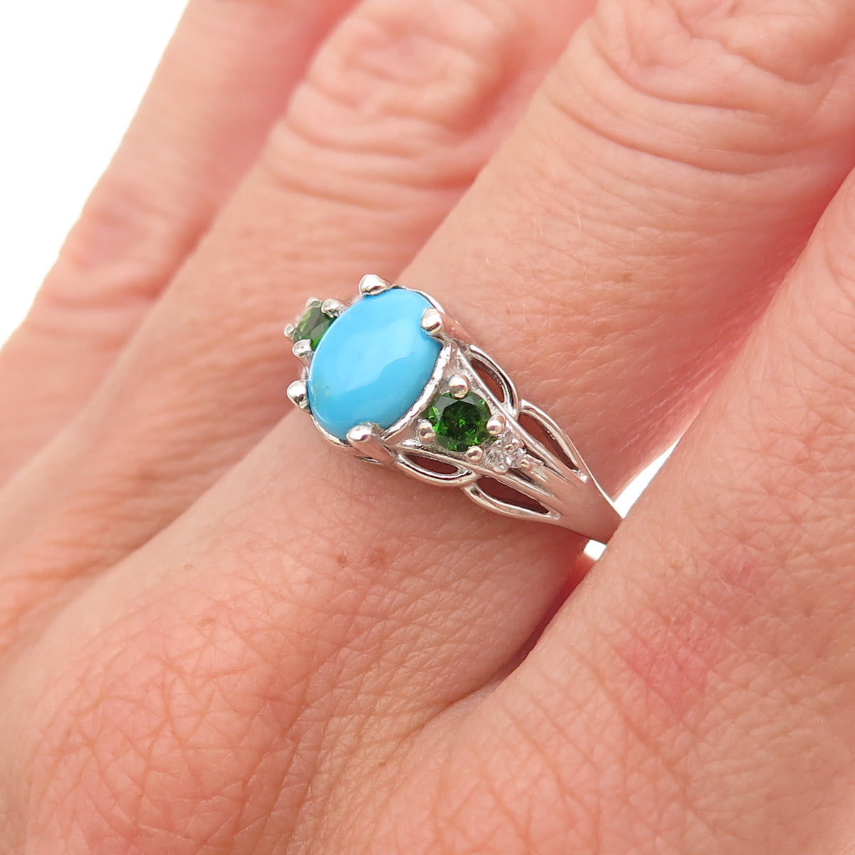 Chuck Clemency 925 Sterling Turquoise Chrome Diopside & White Topaz Ring Size 7