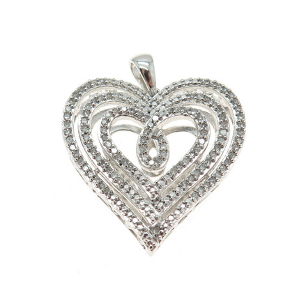 SUN 925 Sterling Silver Real Round-Cut Diamond Multi-Row Heart Pendant