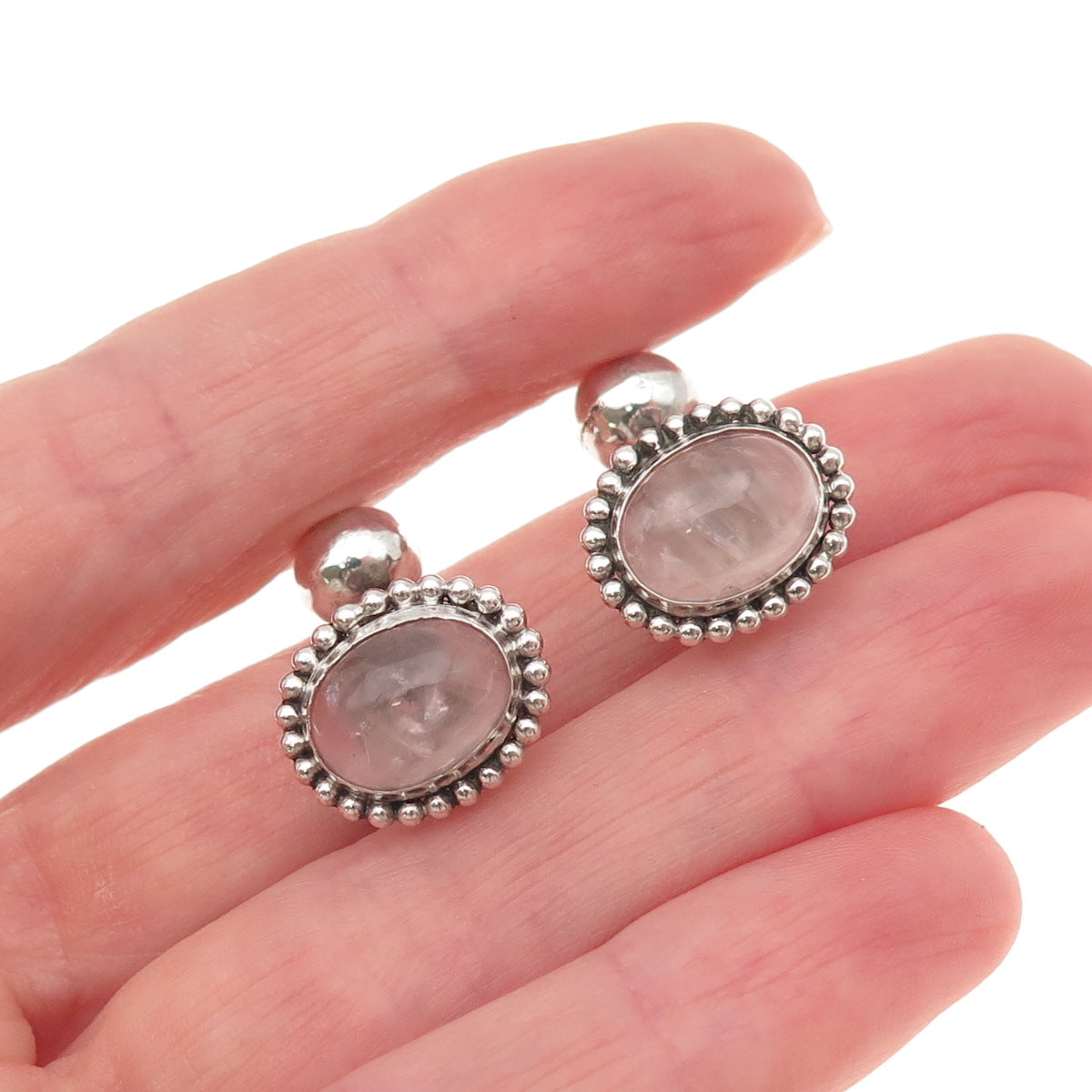 925 Sterling Silver Vintage Real Rose Quartz Beaded Oxidized Cufflinks