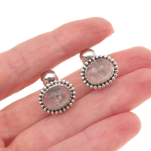 925 Sterling Silver Vintage Real Rose Quartz Beaded Oxidized Cufflinks