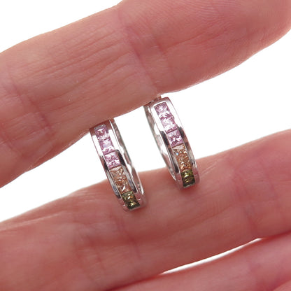 925 Sterling Silver Princess-Cut Multi-Color C Z Hoop Earrings