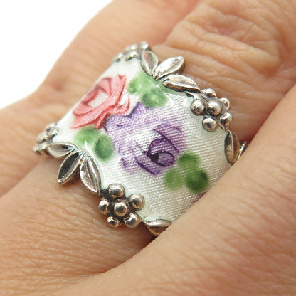 ESPO Joseph Esposito 925 Sterling Silver Vintage Enamel Rose Flower Ring Size 7