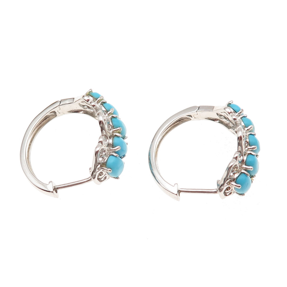 925 Sterling Silver Real Sleeping Beauty Turquoise Ornate Hoop Earrings