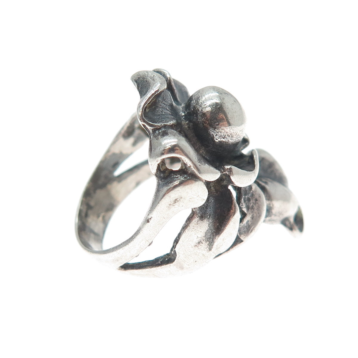 925 Sterling Silver Vintage Modernist Flower Oxidized Ring Size 4.5