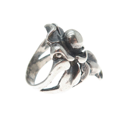 925 Sterling Silver Vintage Modernist Flower Oxidized Ring Size 4.5