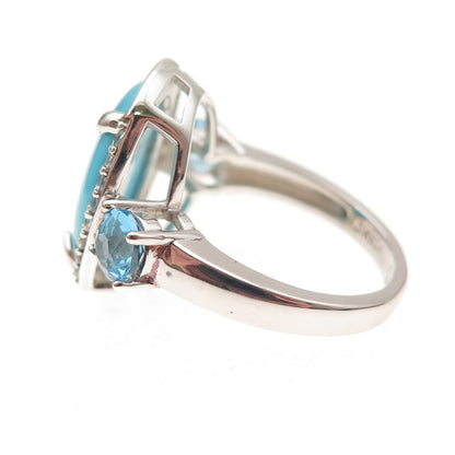 925 Sterling Silver Real Tyrone Turquoise Blue & White Topaz Ring Size 8