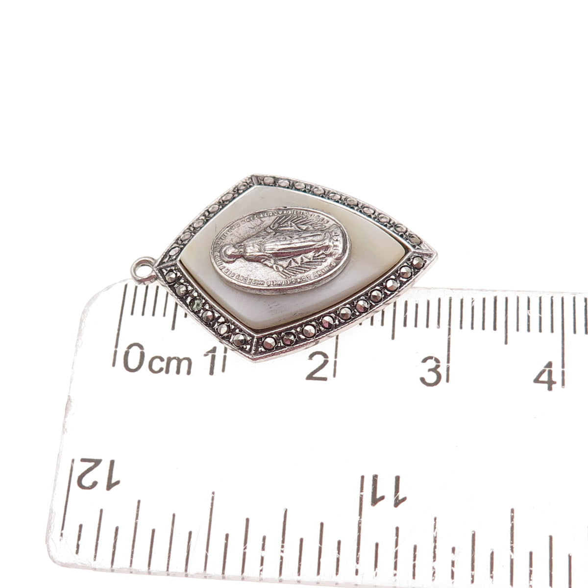 925 Sterling Silver Antique Art Deco Real MOP & Marcasite St. Mary Charm Pendant