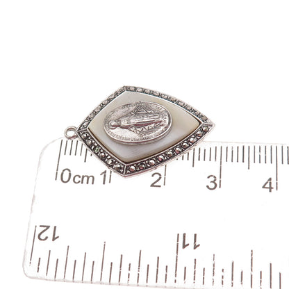 925 Sterling Silver Antique Art Deco Real MOP & Marcasite St. Mary Charm Pendant