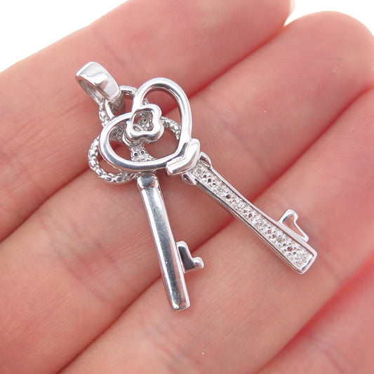 925 Sterling Silver Real Round-Cut Diamond Heart & Club Key Charm Pendant