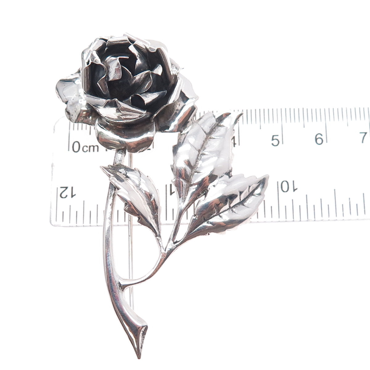 925 Sterling Silver Antique Art Deco Rose Flower Oxidized Pin Brooch