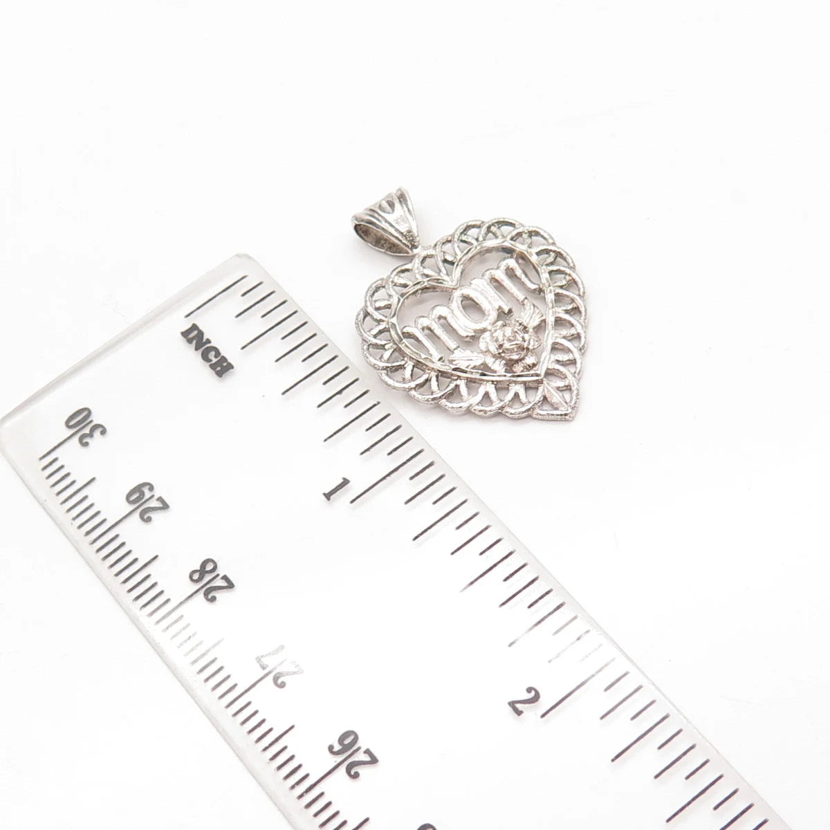 925 Sterling Silver Vintage "MOM" Floral Heart Pendant
