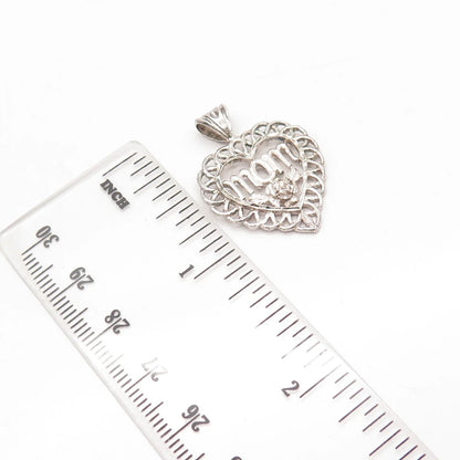 925 Sterling Silver Vintage "MOM" Floral Heart Pendant