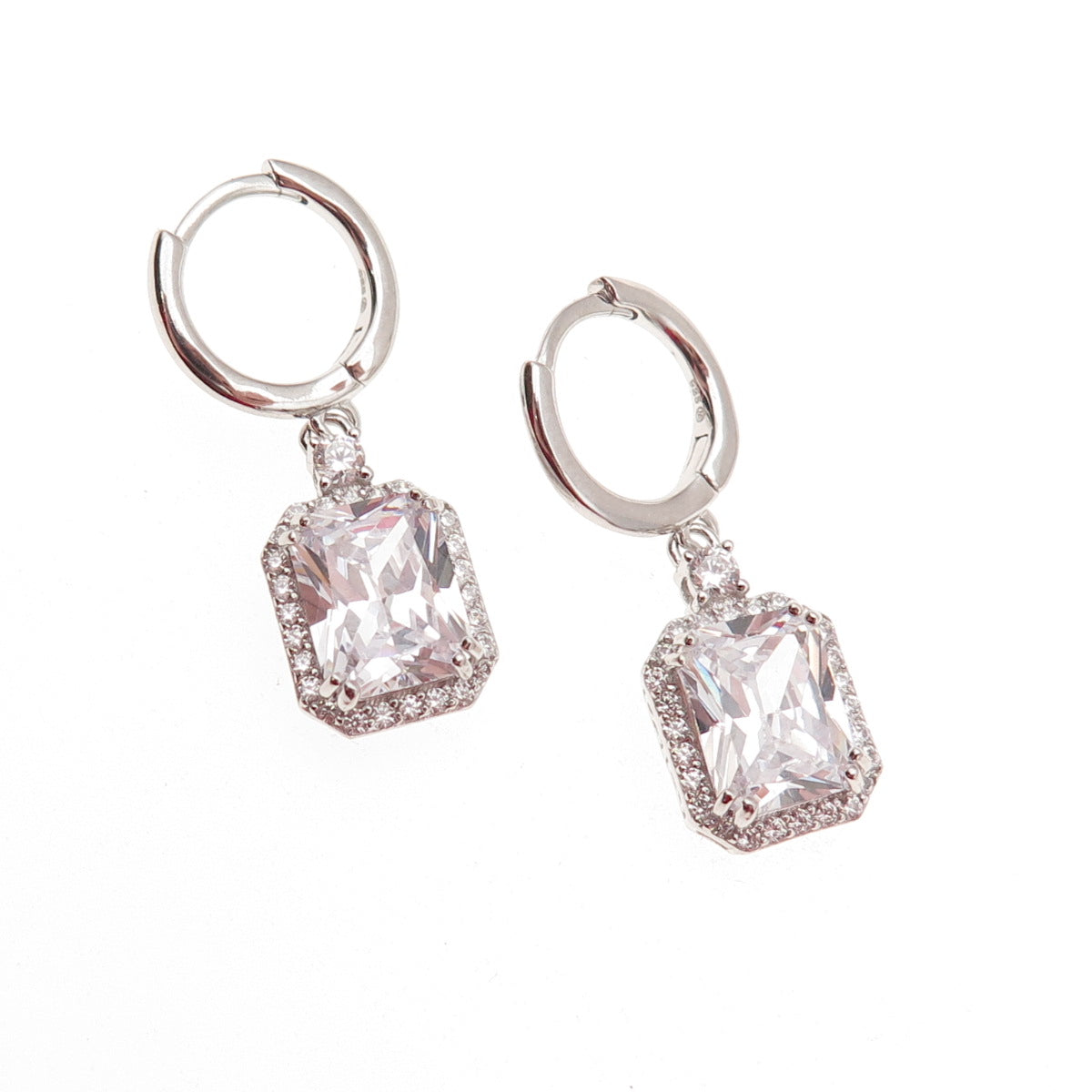 925 Sterling Silver Radiant & Round-Cut C Z Dangle Charm Hoop Earrings