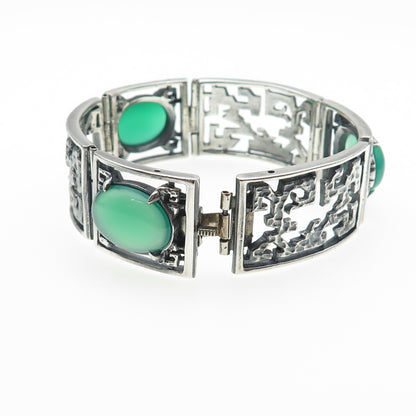 925 Sterling Silver Vintage Real Green Onyx Oxidized Panel Link Bracelet 7.25"