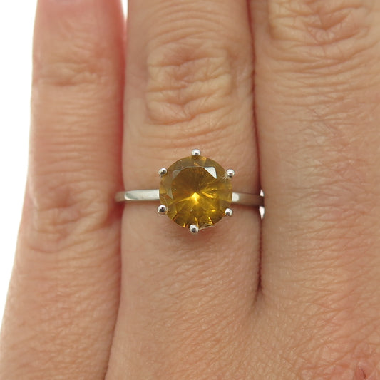 DAZZLERS 925 Sterling Silver Real Round-Cut Citrine Ring Size 6