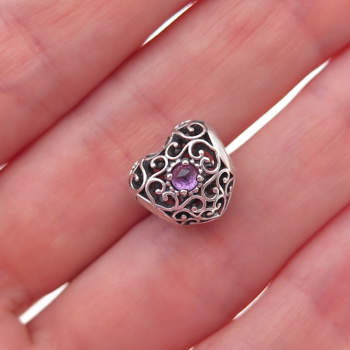 Pandora Sterling Silver Real Amethyst February Signature Heart Slide Bead Charm