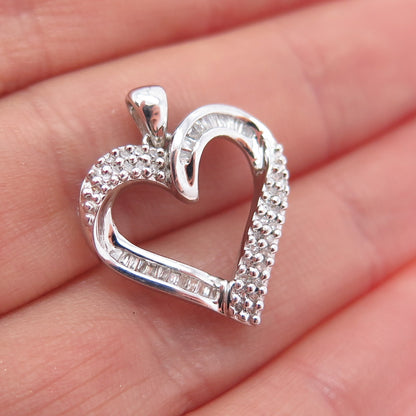 SUN 925 Sterling Silver Real Round & Tapered Baguette-Cut Diamond Heart Pendant