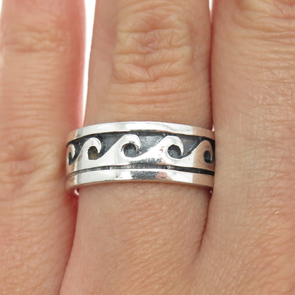 925 Sterling Silver Vintage Water Pattern Band Ring Size 7.75