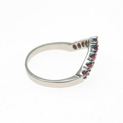 925 Sterling Silver Vintage Real Round-Cut Ruby V-Shape Ring Size 8