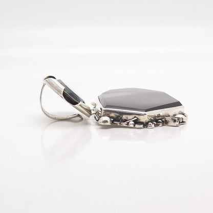 925 Sterling Silver Vintage Real Black Agate Gemstone Modernist Pendant