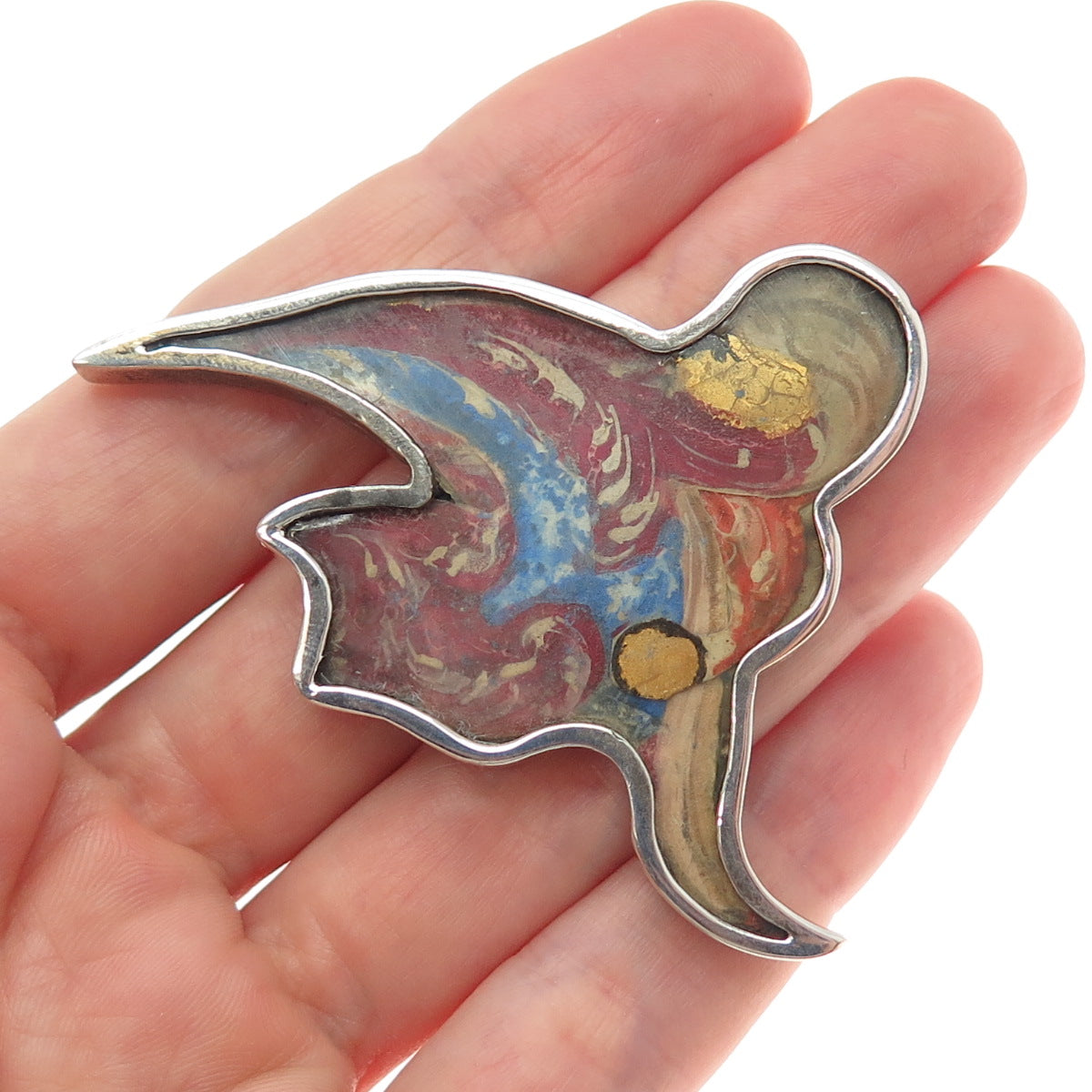 800 Silver Gold Plated Antique Art Deco Enamel Abstract Bird Pin Brooch