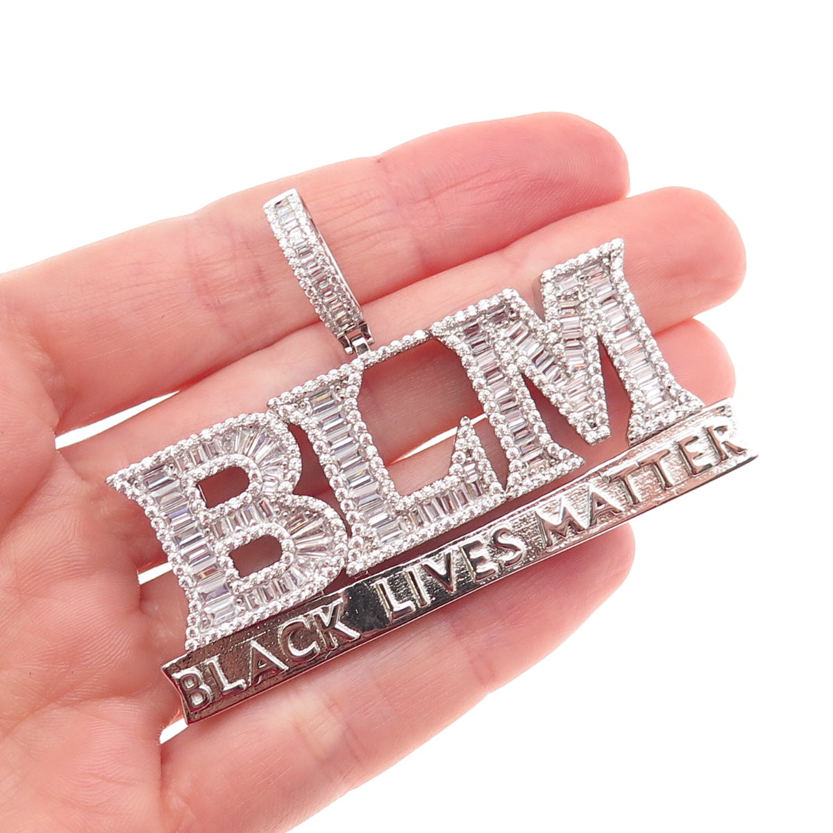 925 Sterling Silver Emerald & Round-Cut C Z BLM Black Lives Matter Pendant