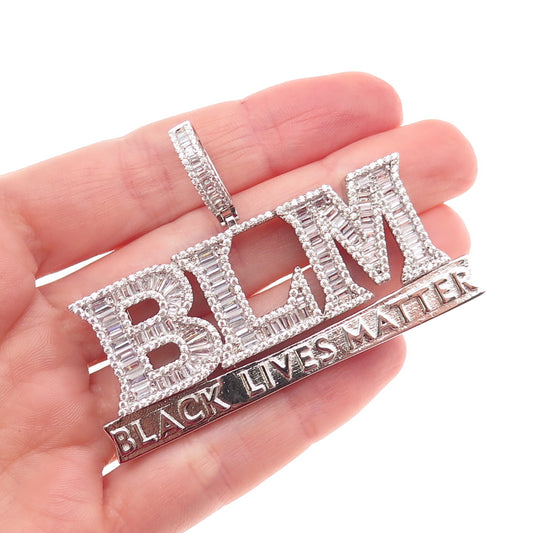 925 Sterling Silver Emerald & Round-Cut C Z BLM Black Lives Matter Pendant