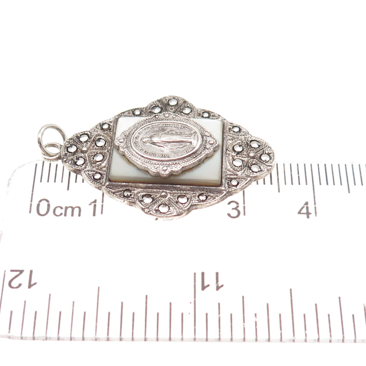 Theda Sterling Silver Antique Art Deco Real MOP Marcasite St. Mary Charm Pendant