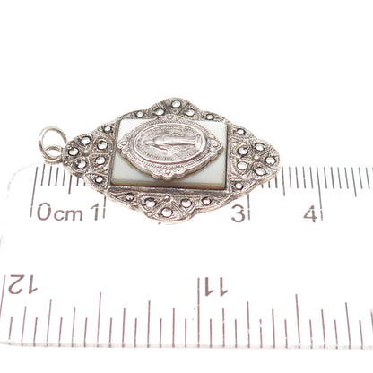 Theda Sterling Silver Antique Art Deco Real MOP Marcasite St. Mary Charm Pendant