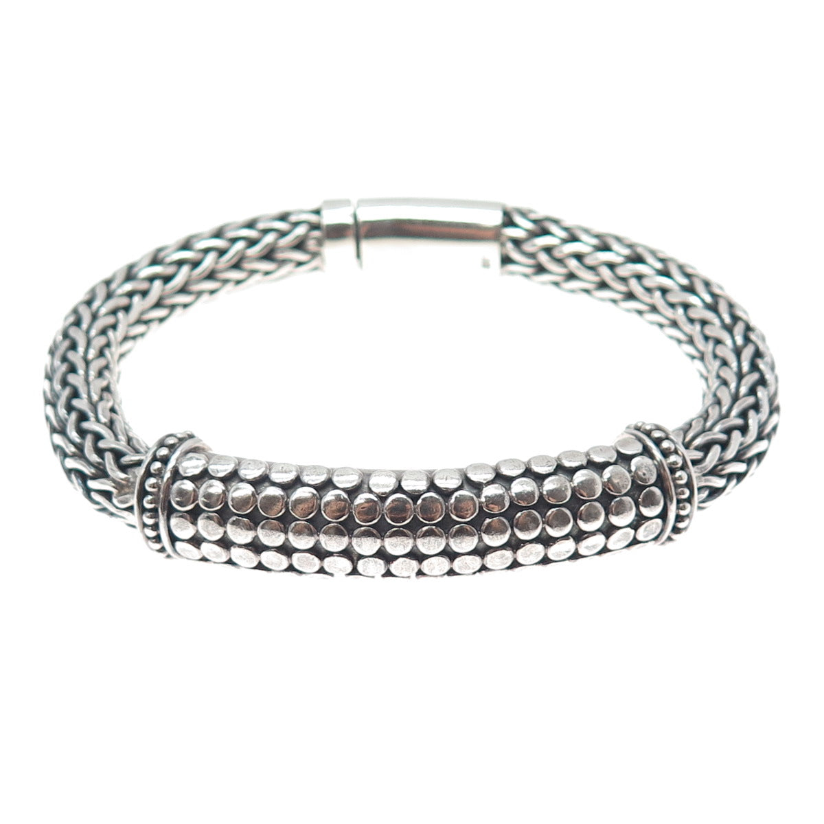 925 Sterling Silver Vintage Dotted Wheat Link Oxidized Heavy 79.5g Bracelet 7.5"