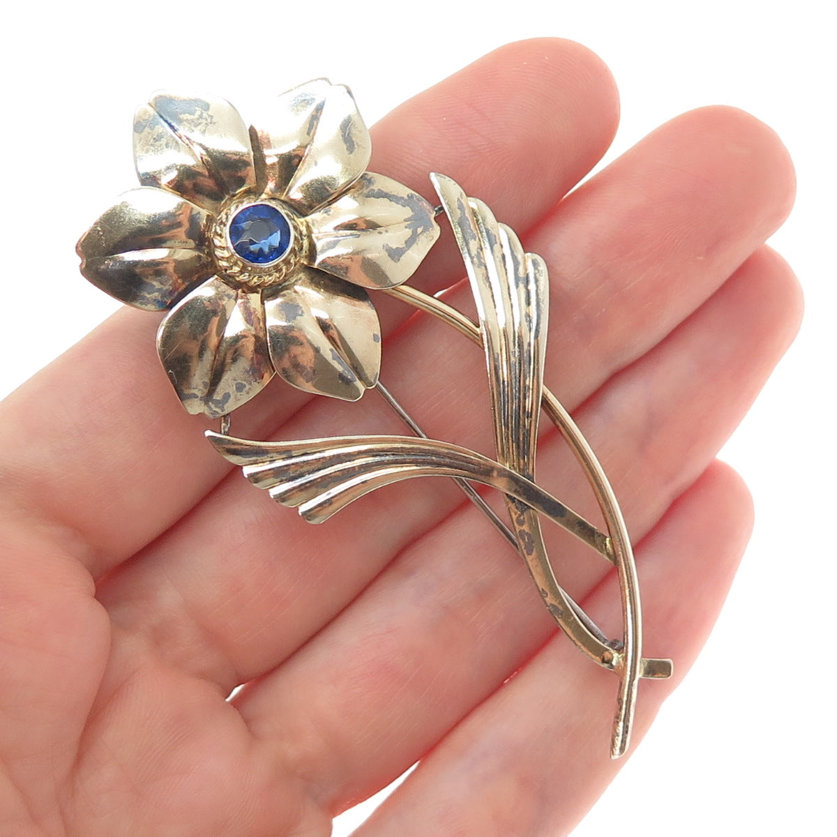 SYMMETALIC 14K Gold & 925 Sterling Silver Antique Rhinestone Flower Pin Brooch